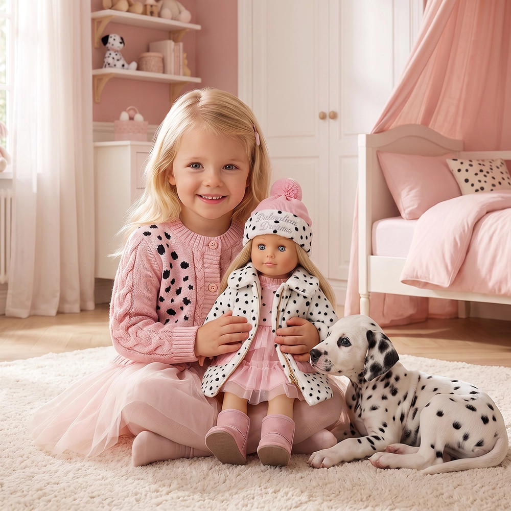 Smiling girl in pink holds doll in Dalmatian outfit beside Dalmatian puppy on rug.