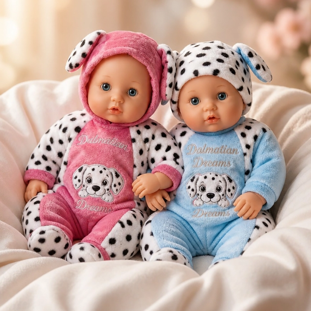 Two baby dolls in Dalmatian-themed outfits, one pink and one blue, with matching dog-ear hats.