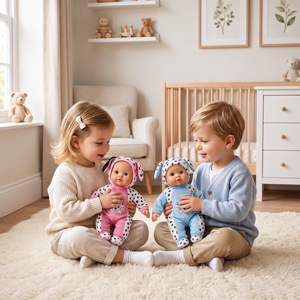 Two toddlers sit on a rug holding Dalmatian-themed baby dolls in a nursery with wooden crib and toys.