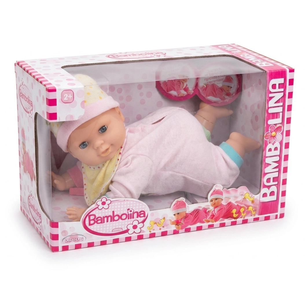 Bambolina baby doll in pink outfit and hat inside a pink and white box with clear window.