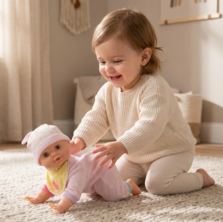 Toddler in cream sweater playing with a baby doll dressed in pink on a beige carpet.