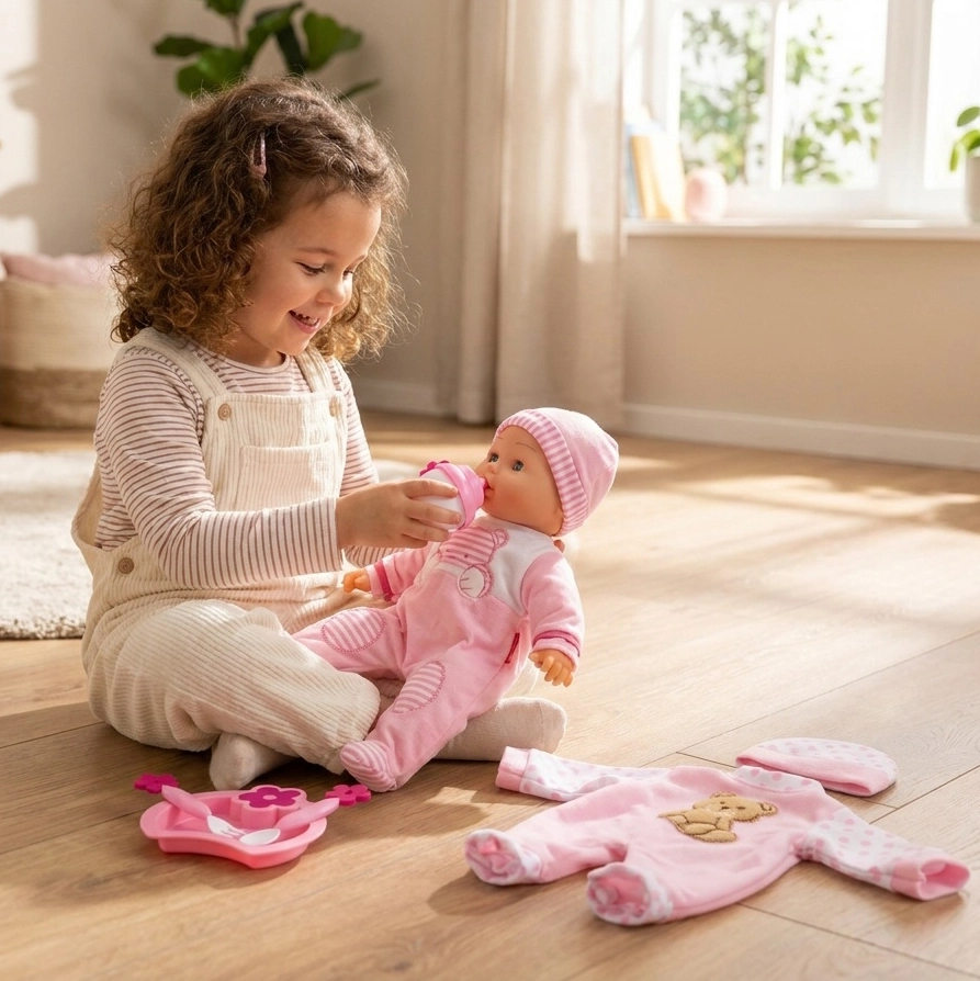 Young girl sitting on floor in cozy room feeding a pink-clad baby doll with bottle.