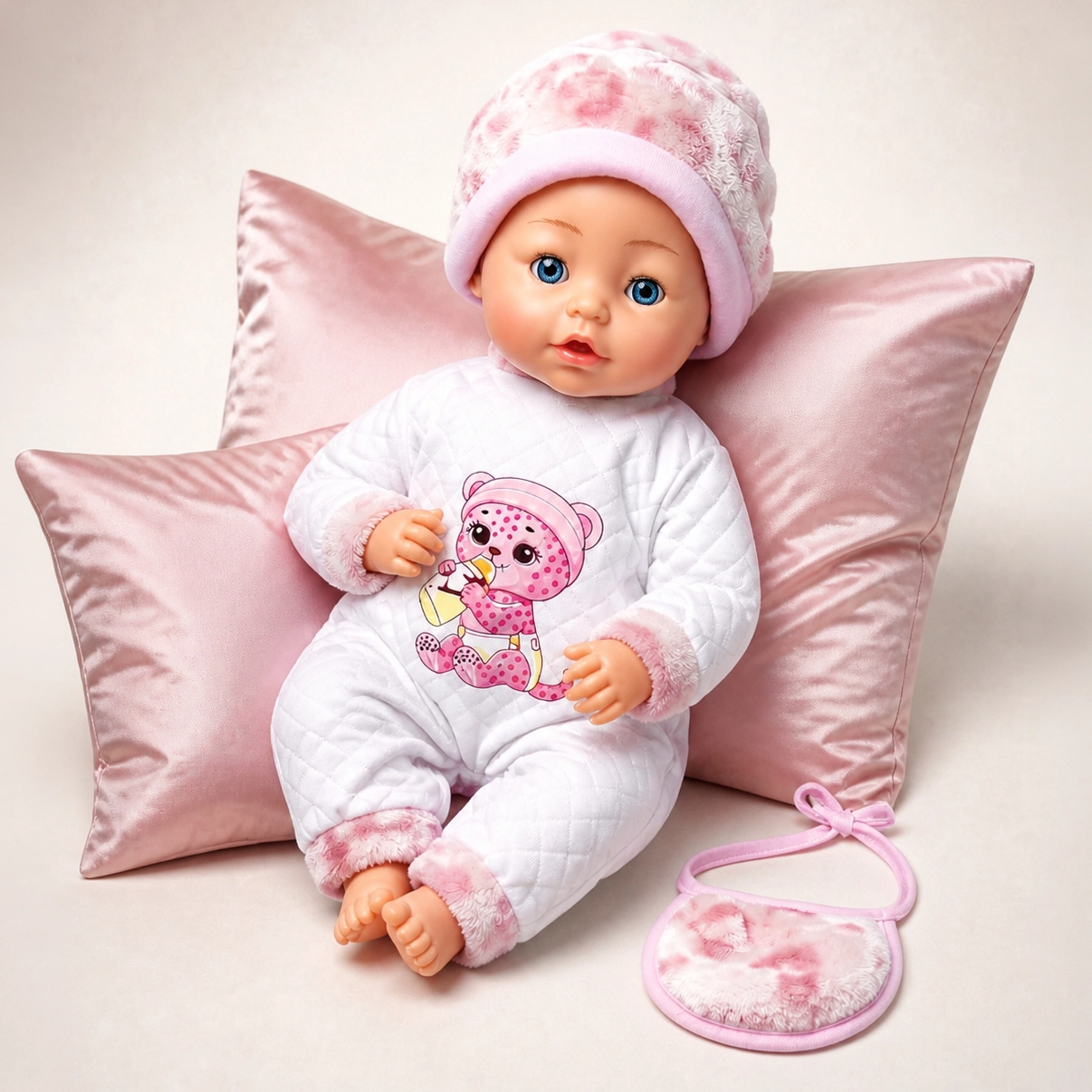 Baby doll with blue eyes dressed in white and pink outfit with matching hat and separate bib.
