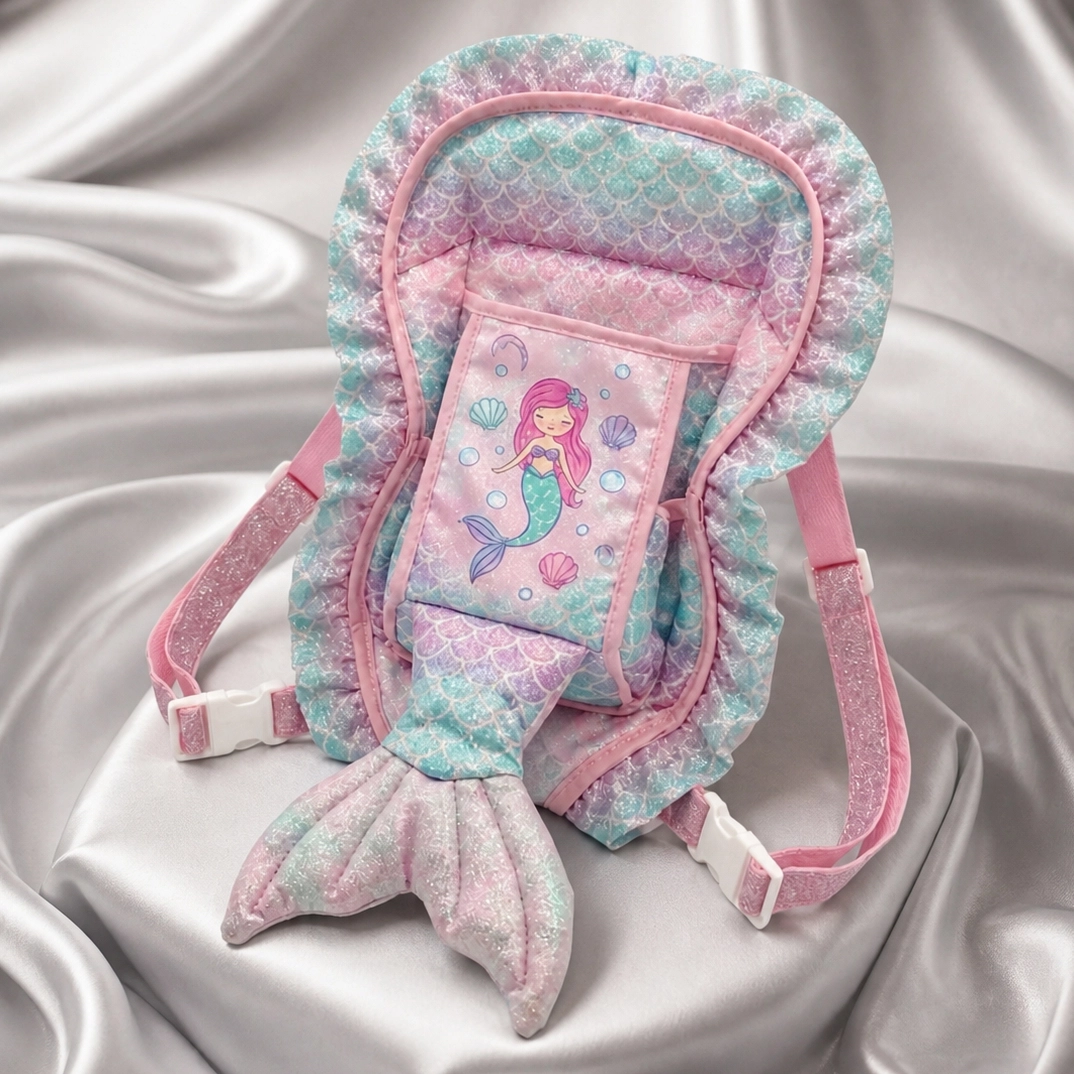Child's pastel mermaid-themed backpack with glittery scales and a fin-shaped bottom.