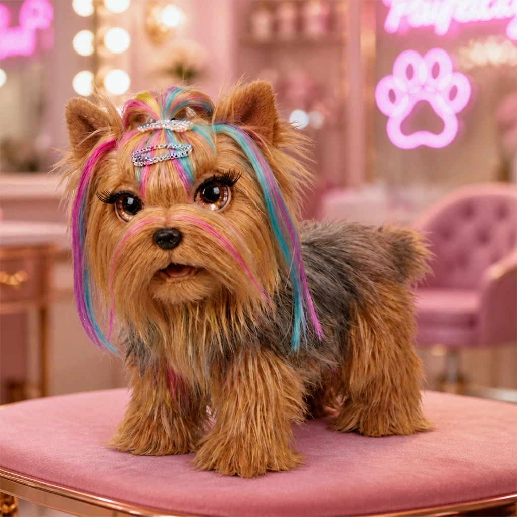 Small dog with brown fur and colorful pink and blue hair streaks and decorated with clips.
