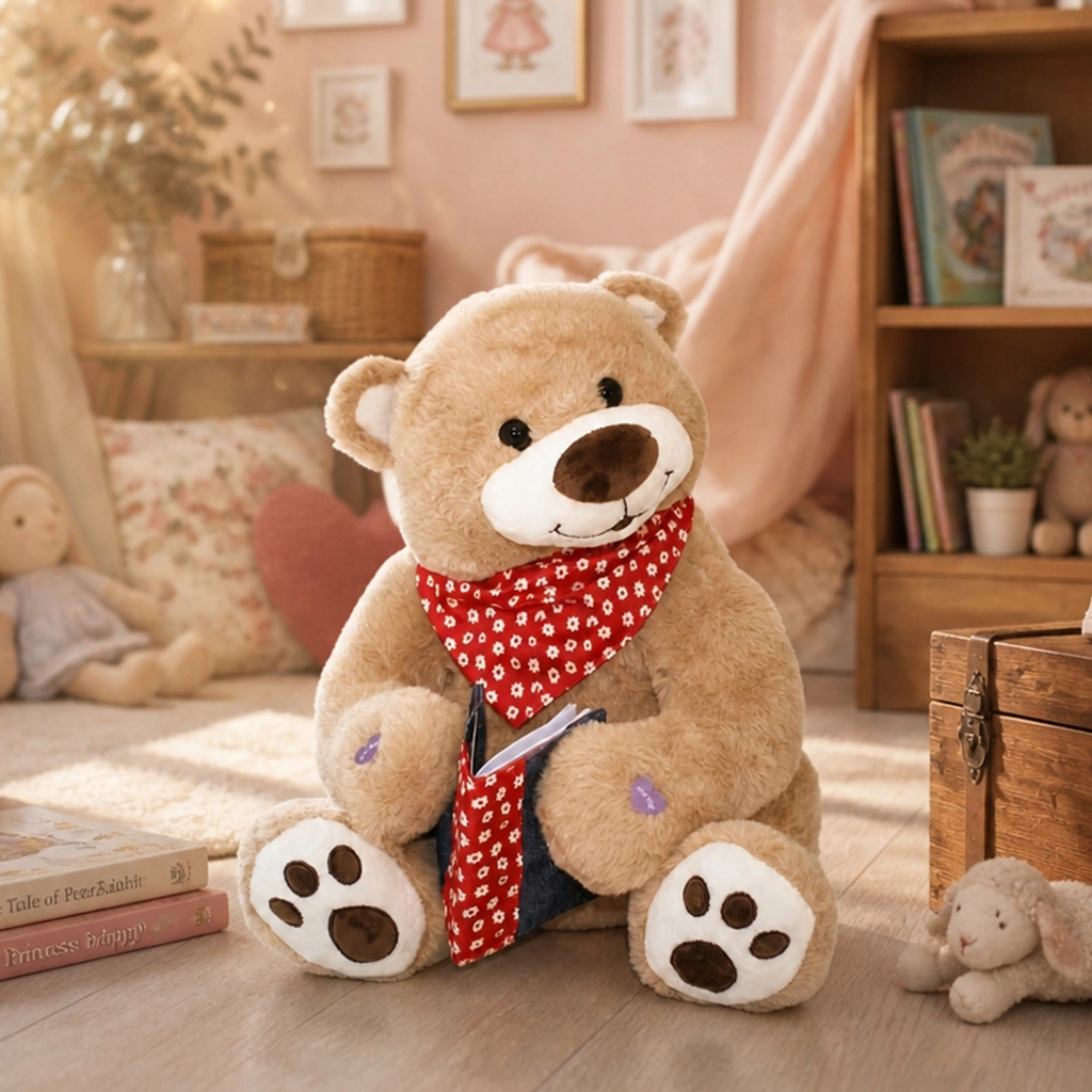 Plush teddy bear wearing a red floral scarf, holding a matching book with paw prints on feet.