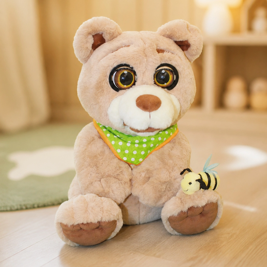 Tan plush teddy bear with large eyes wearing a green polka dot bandana and holding a small toy bee.