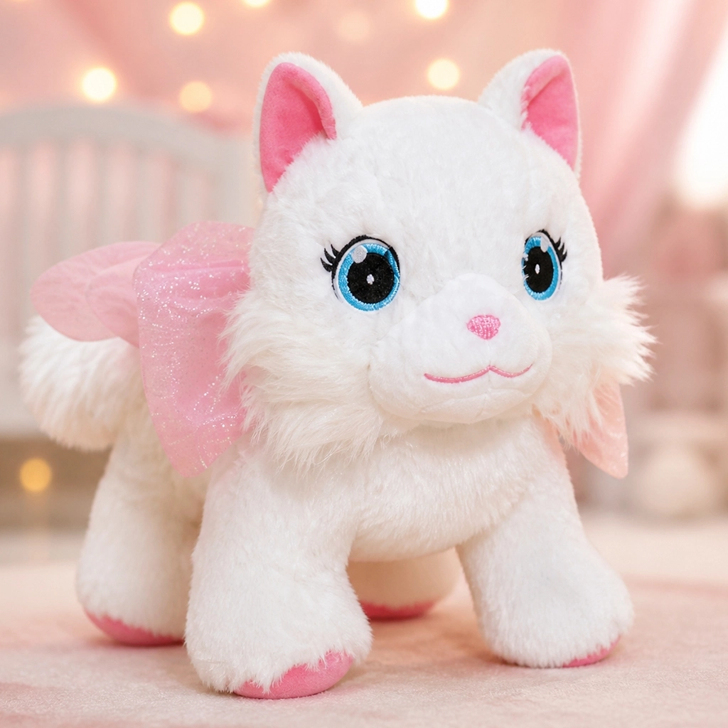 White plush cat toy with blue eyes, pink ears, and a pink bow saying 'Meow... Meow...'