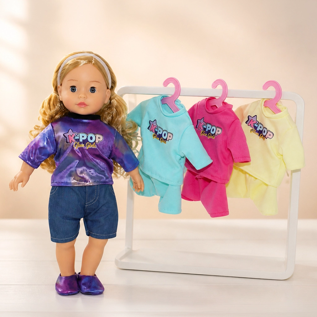 Blonde doll wearing K-POP Glam Girls shirt and shorts, with three additional colorful outfits on hangers.
