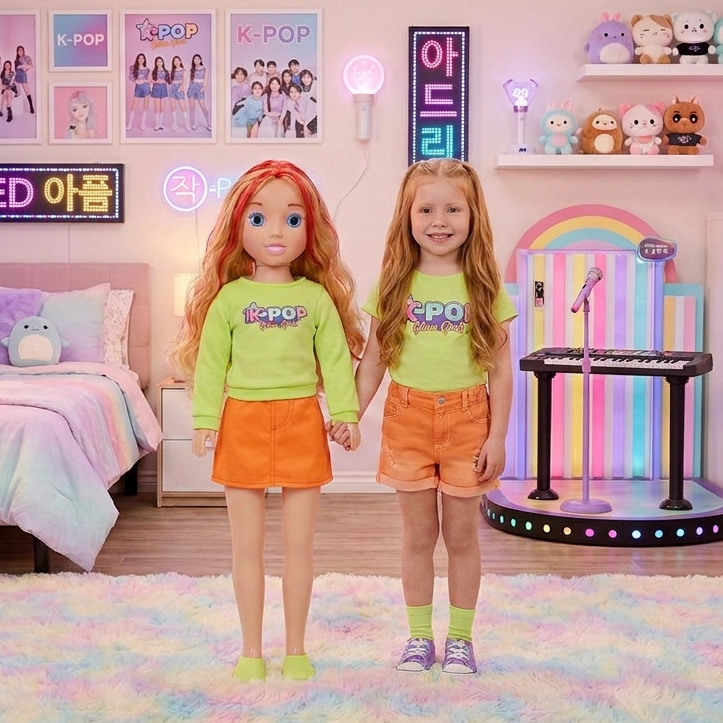 Young girl and life-size doll holding hands, both in matching K-POP shirts and orange bottoms in colorful room.