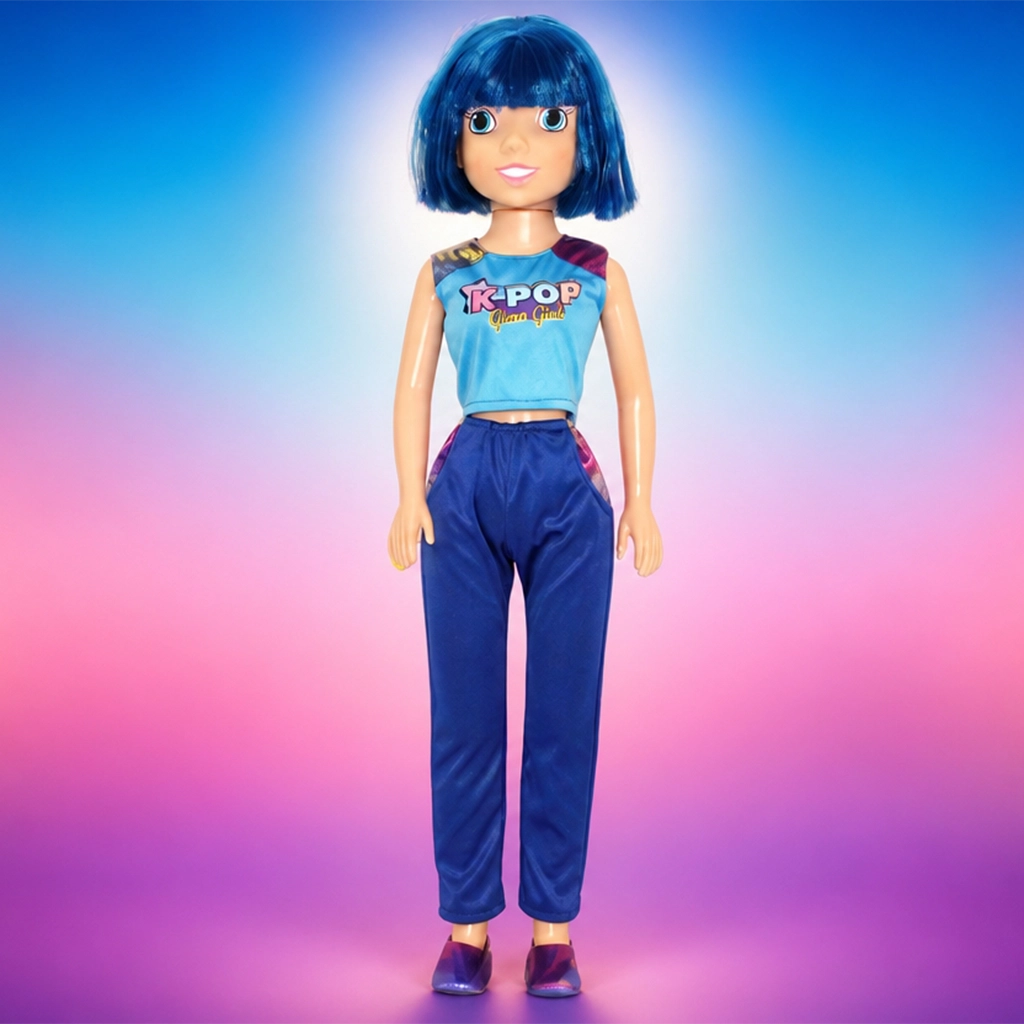 Doll with blue bob haircut wearing a blue crop top and pants reading 'K-POP Glam Girls'.
