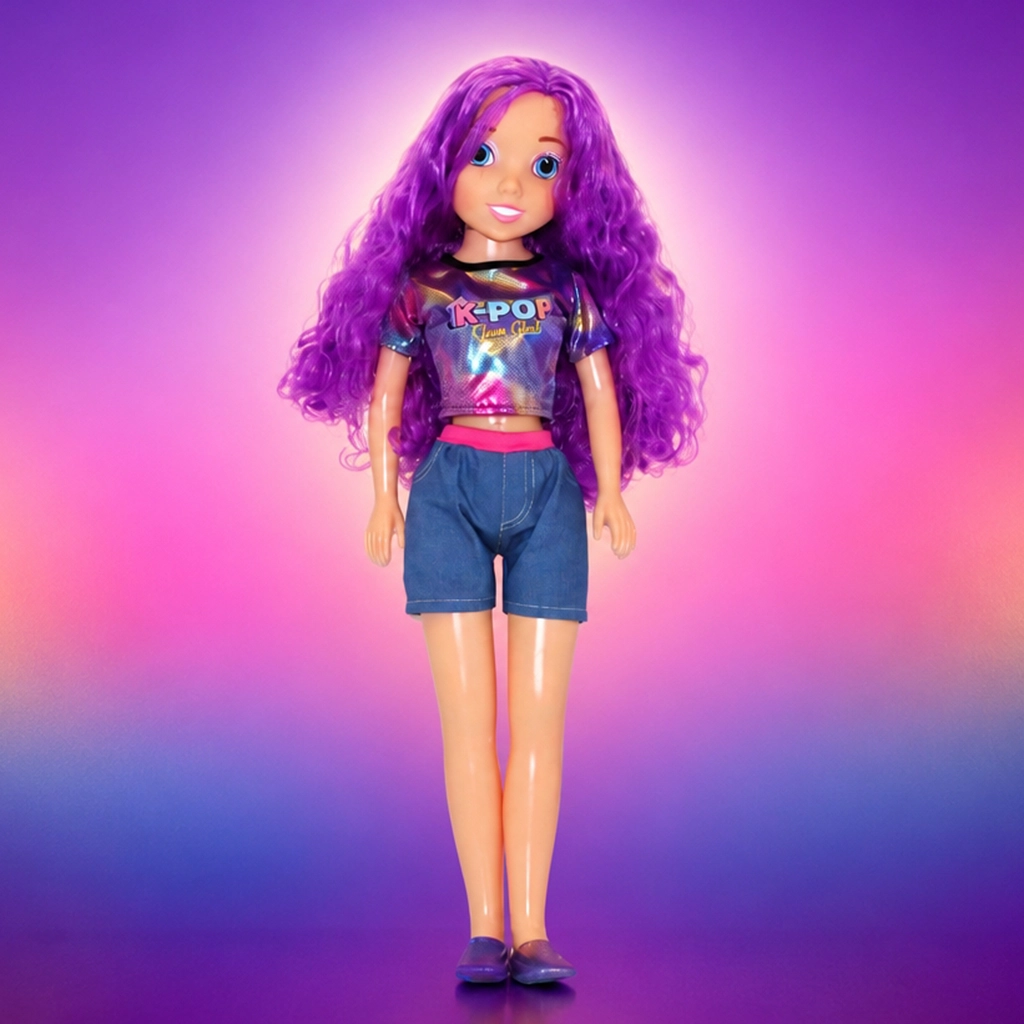 Doll with long purple hair wearing a shiny K-POP Glam Girls shirt and blue shorts.