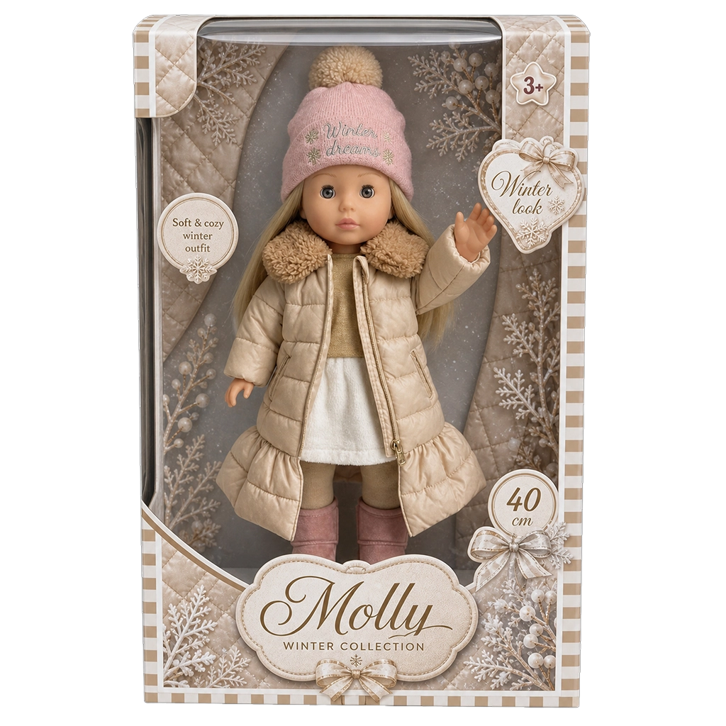 Molly doll from the Winter Collection in beige quilted long coat with faux fur collar, white skirt, beige top, pink boots, and pink knit hat with pom-pom that says 'Winter dreams', packaged in a decorated box for ages 3 and up.