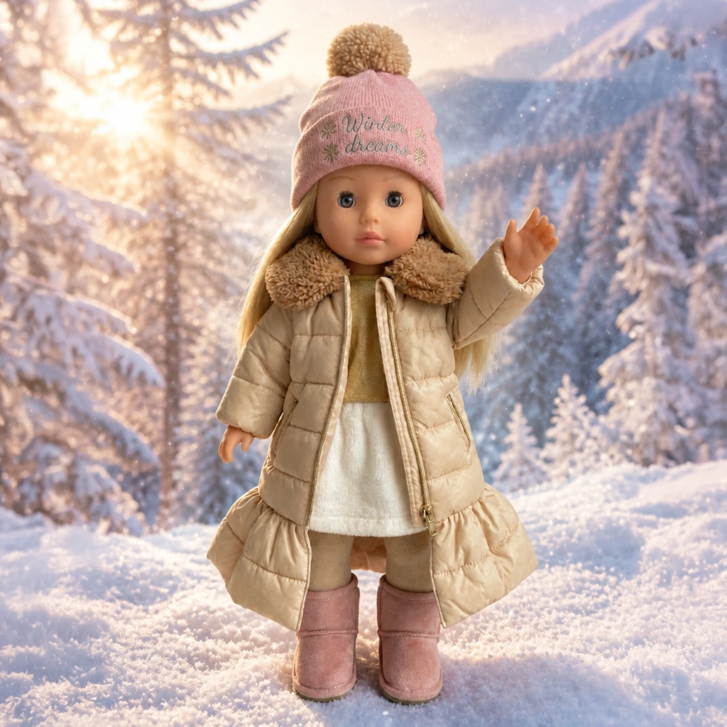 A doll with long blonde hair standing in a snowy winter landscape, wearing a pink knit hat with a beige pom-pom and 'Winter dreams' embroidered, a beige puffy coat with a fur collar, a white skirt, beige tights, and pink boots, with snow-covered trees and a sunrise or sunset in the background.