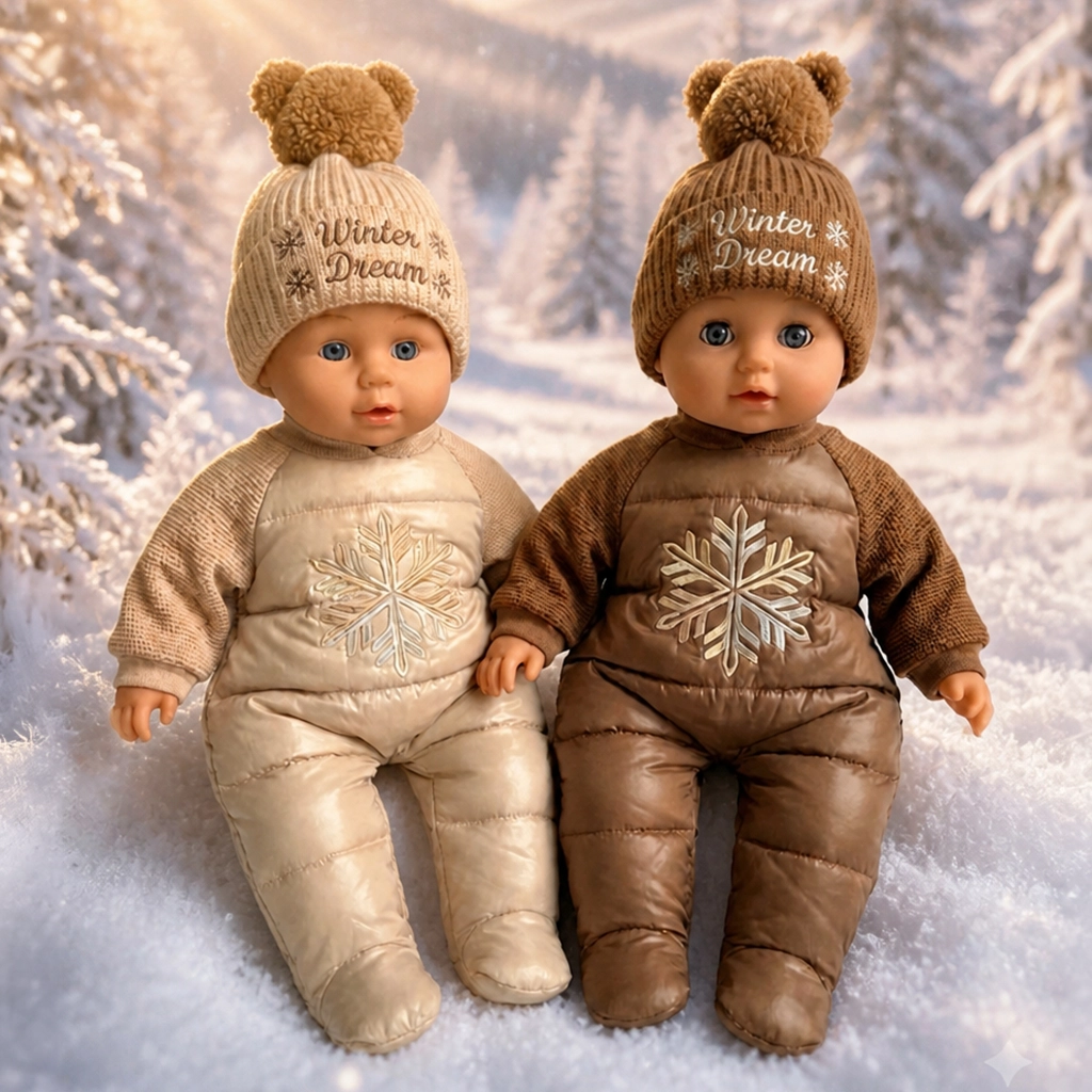 Two baby dolls dressed in padded winter outfits with embroidered snowflakes and knit hats with bear ears that say 'Winter Dream,' sitting on snow with a snowy forest background.