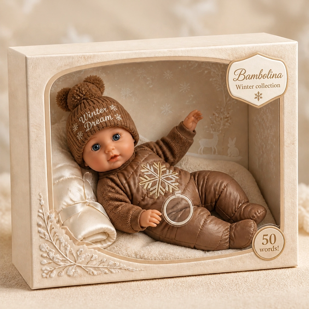 A baby doll from Bambolina's Winter collection, dressed in a brown knit hat with pom-poms and the words 'Winter Dream,' and a brown padded outfit with a snowflake design, displayed in decorative beige packaging with a satin blanket.