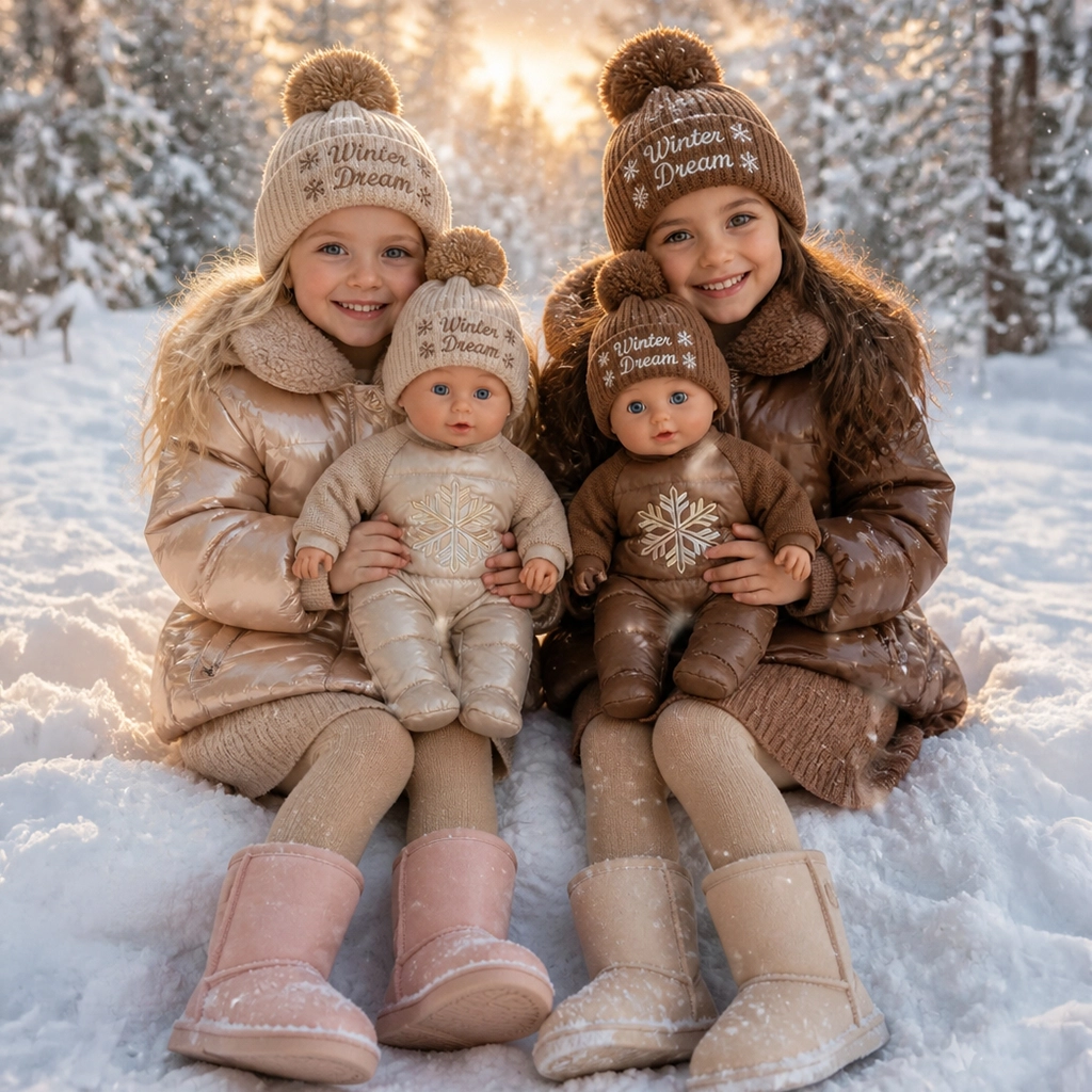 Two girls sitting in the snow holding dolls dressed like them, all wearing winter coats, matching knit hats with pom-poms labeled 'Winter Dream,' and boots, with snow-covered trees and sunset in the background.