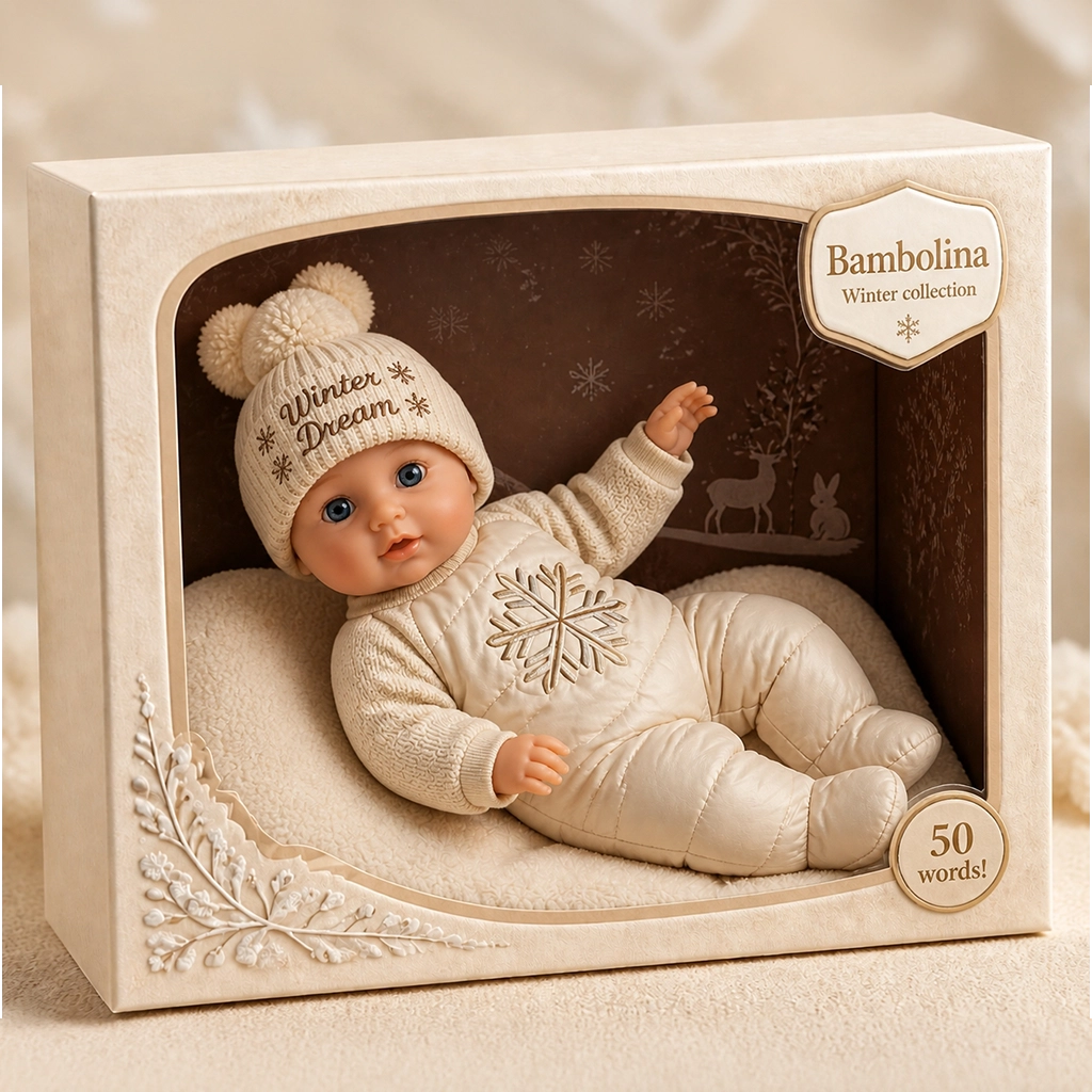 A baby doll dressed in cream-colored winter outfit with a knit hat that says 'Winter Dream' is displayed in a beige box labeled 'Bambolina Winter collection'. The doll lies on a soft cushion inside the box with winter-themed decorations including a snowflake design and small animal illustrations in the background.
