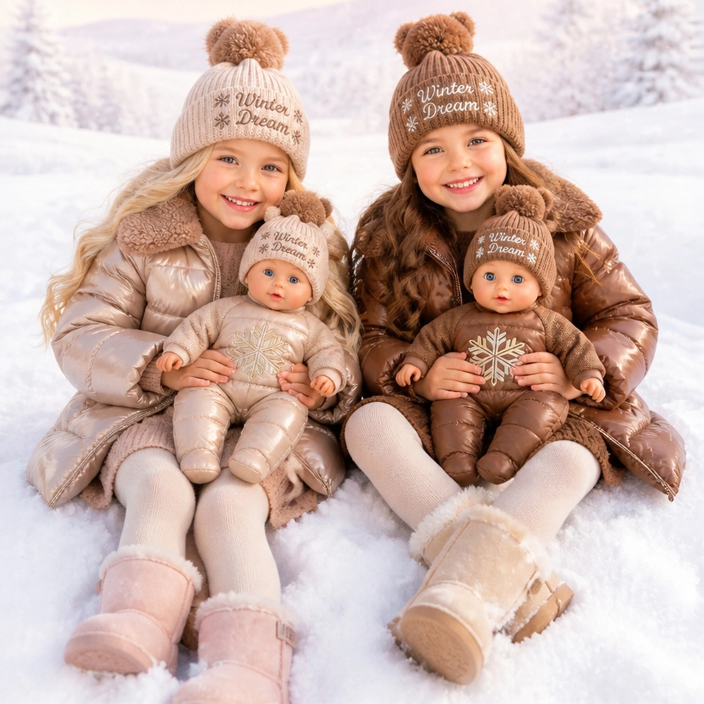 Two smiling young girls sitting in the snow each holding a baby doll dressed in matching winter outfits, all wearing knit hats with pom-poms that say 'Winter Dream'. The girl on the left wears a beige coat and boots, the girl on the right wears a brown coat and beige boots. Both dolls mirror the girls' colors and winter styles.