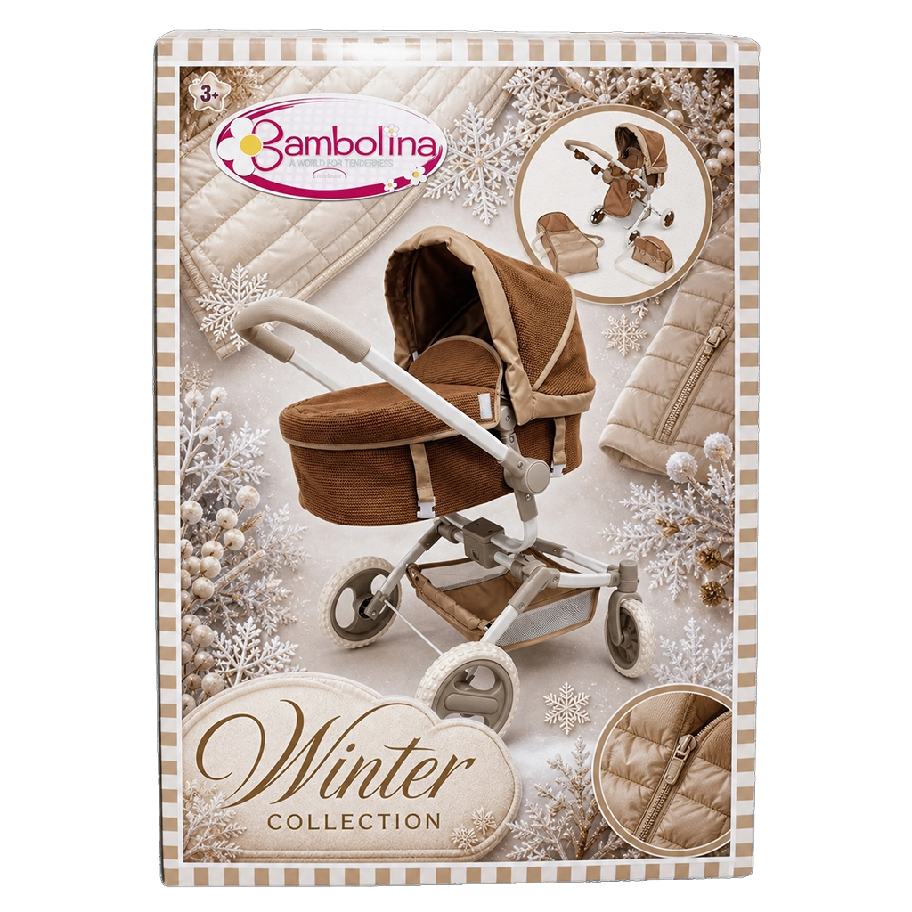 Packaging of the Bambolina Winter Collection toy stroller set for ages 3+, featuring a brown and beige toy pram with handle, small detachable bag, and cozy winter-themed background with snowflakes and quilted fabric details.