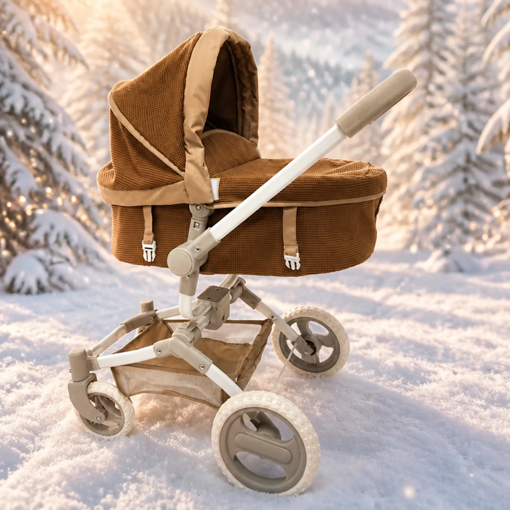 Brown baby stroller with white frame and beige wheels standing on snow-covered ground with snow-laden evergreen trees in the background under warm sunlight.