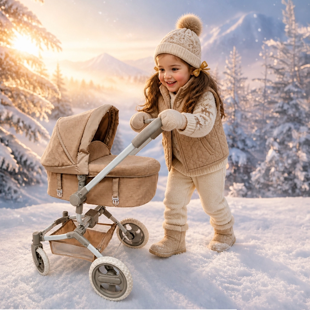 A young girl in winter clothing pushes a beige doll stroller outdoors in a snowy forest with the sun setting behind snow-covered trees and mountains.