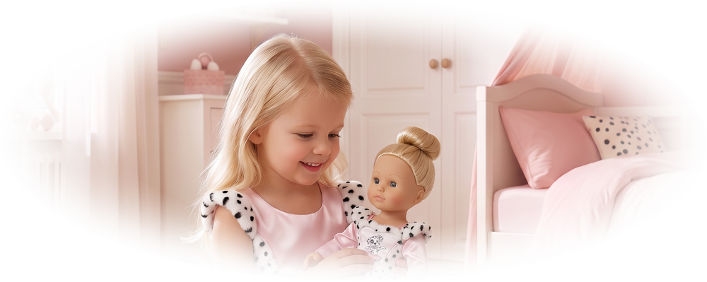 Smiling girl in pink dress holding matching doll with a Dalmatian puppy sitting on carpet nearby.