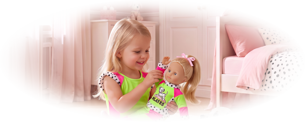 Smiling girl in colorful outfit holds matching doll while a Dalmatian puppy watches on a rug.