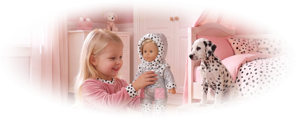 Smiling girl in pink pajamas holding a doll near a Dalmatian puppy sitting on a stool in a pink room.