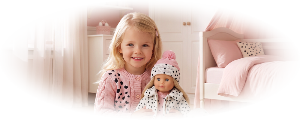 Smiling girl in pink holds doll in Dalmatian outfit beside Dalmatian puppy on rug.