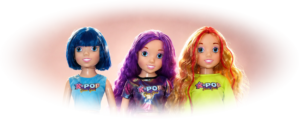 Three K-Pop Glam Girl dolls with colorful hair and outfits, standing side by side.