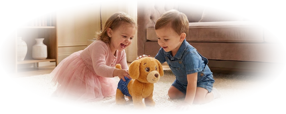 Stuffed puppy in blue polka dot diaper inside a pink and blue Baby Rocco toy box.