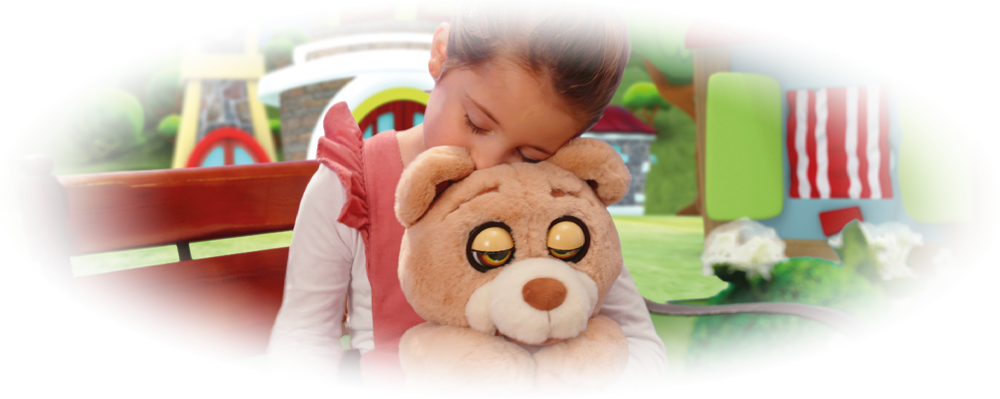 Young girl with closed eyes hugging a large plush bear with droopy eyelids outdoors.