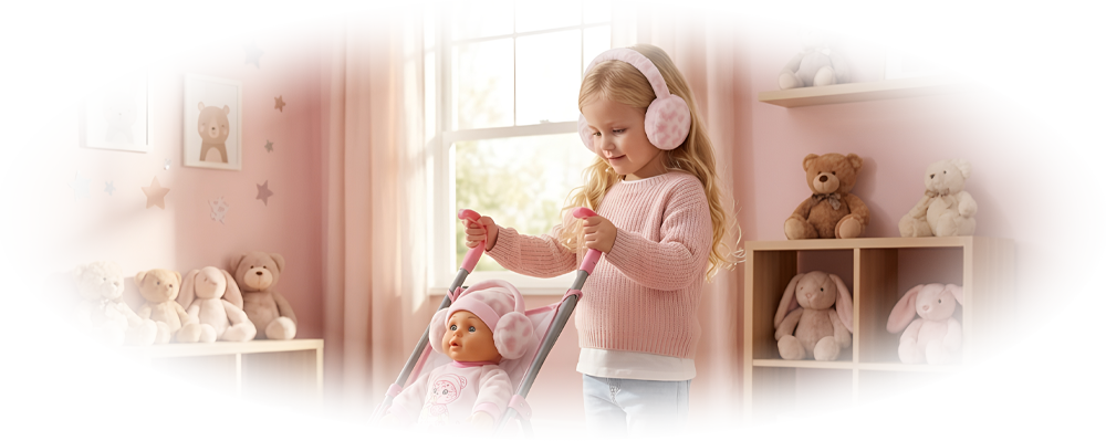 Young girl pushing a pink toy stroller with a doll wearing earmuffs in a pink-themed room.