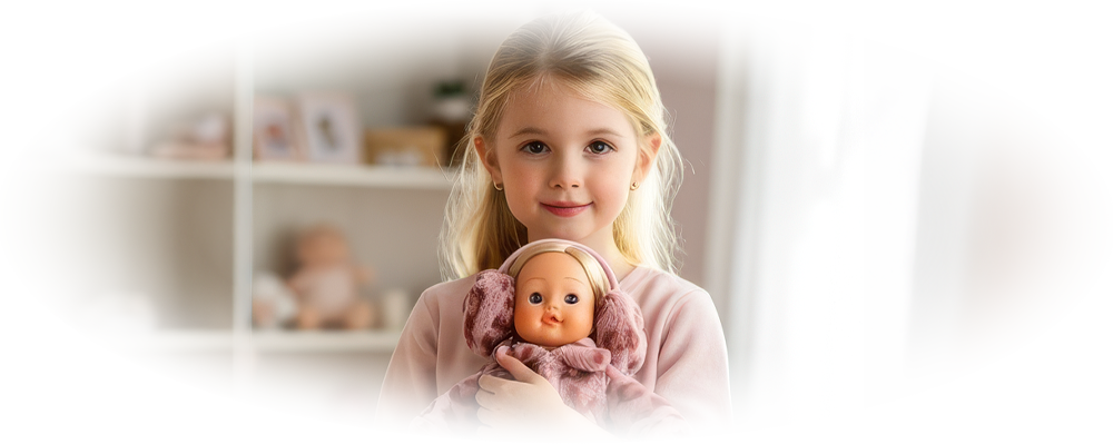 Young girl with blonde hair holding a doll dressed in a pink sweater and skirt.