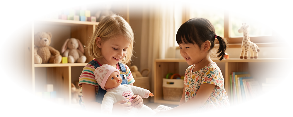 Two young girls sitting on play mat, one holding baby doll, playing together in sunny room.