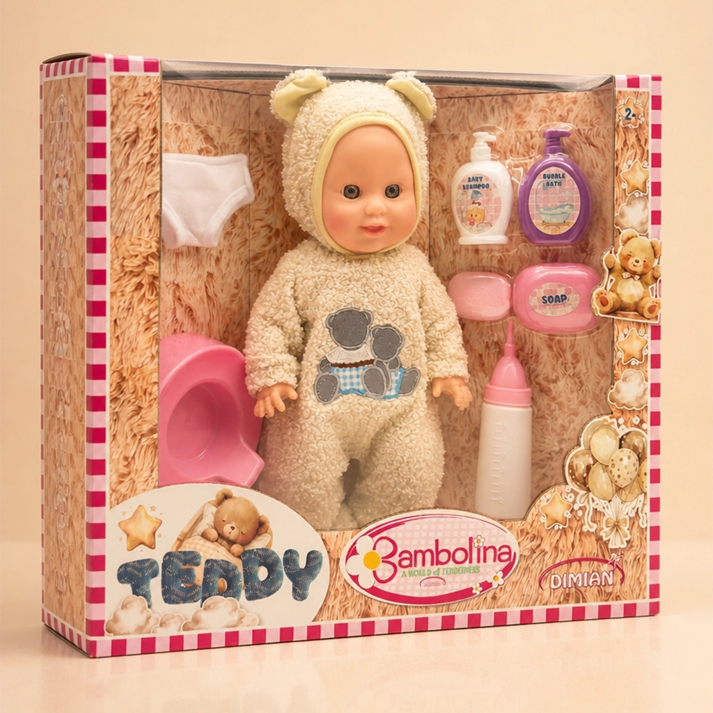 Baby doll in bear costume with toiletry accessories in playset box including bottle, soap, shampoo, and diaper.