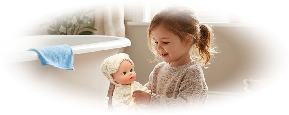 Baby doll in a fluffy robe with a bottle, blue cloth, soap bars, and a yellow duck float ring.