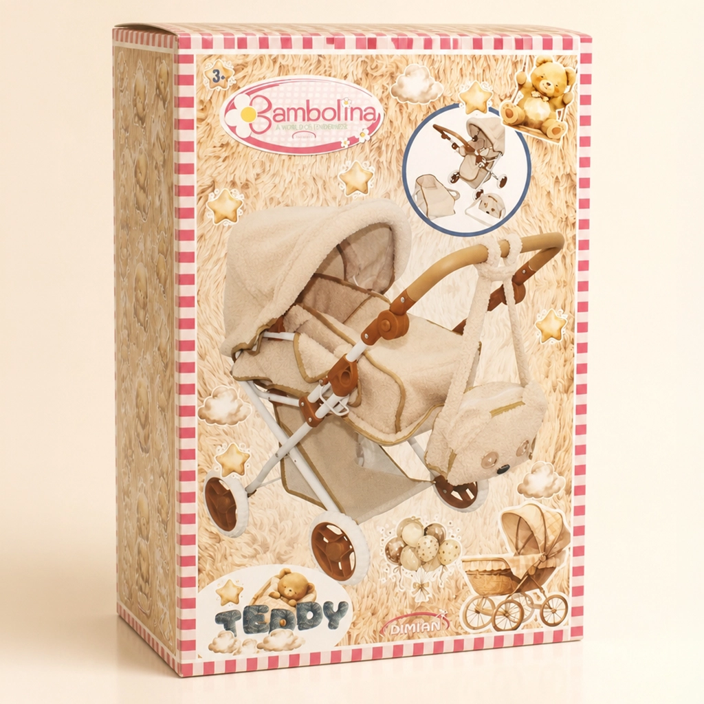 Bambolina Teddy toy stroller with beige fabric and brown handles, decorated with teddy bears and stars on packaging.