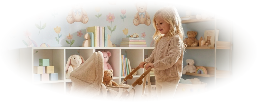 A young girl pushing a beige toy stroller with a teddy bear inside in a pastel-colored playroom.