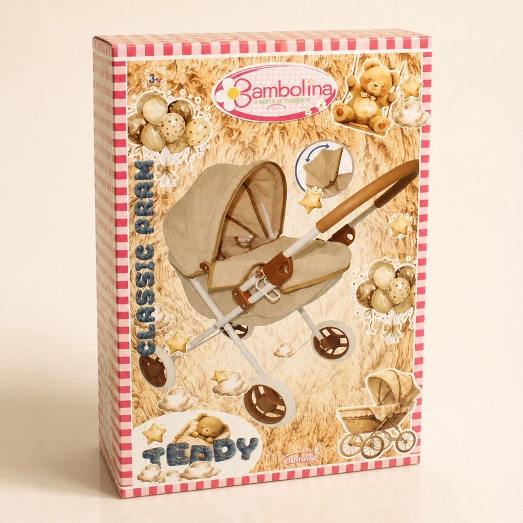 Boxed Bambolina classic beige toy pram with brown and white handle and wheels on a furry background.
