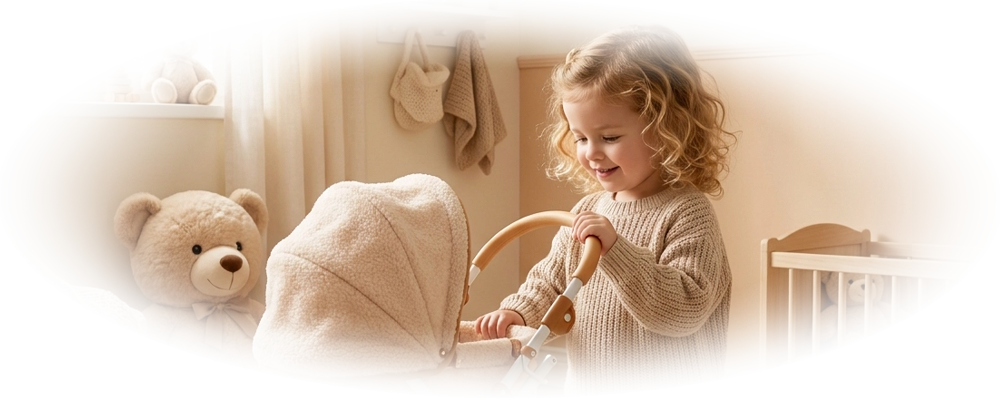 Smiling toddler in beige sweater kneeling by beige baby stroller in a cozy nursery room.