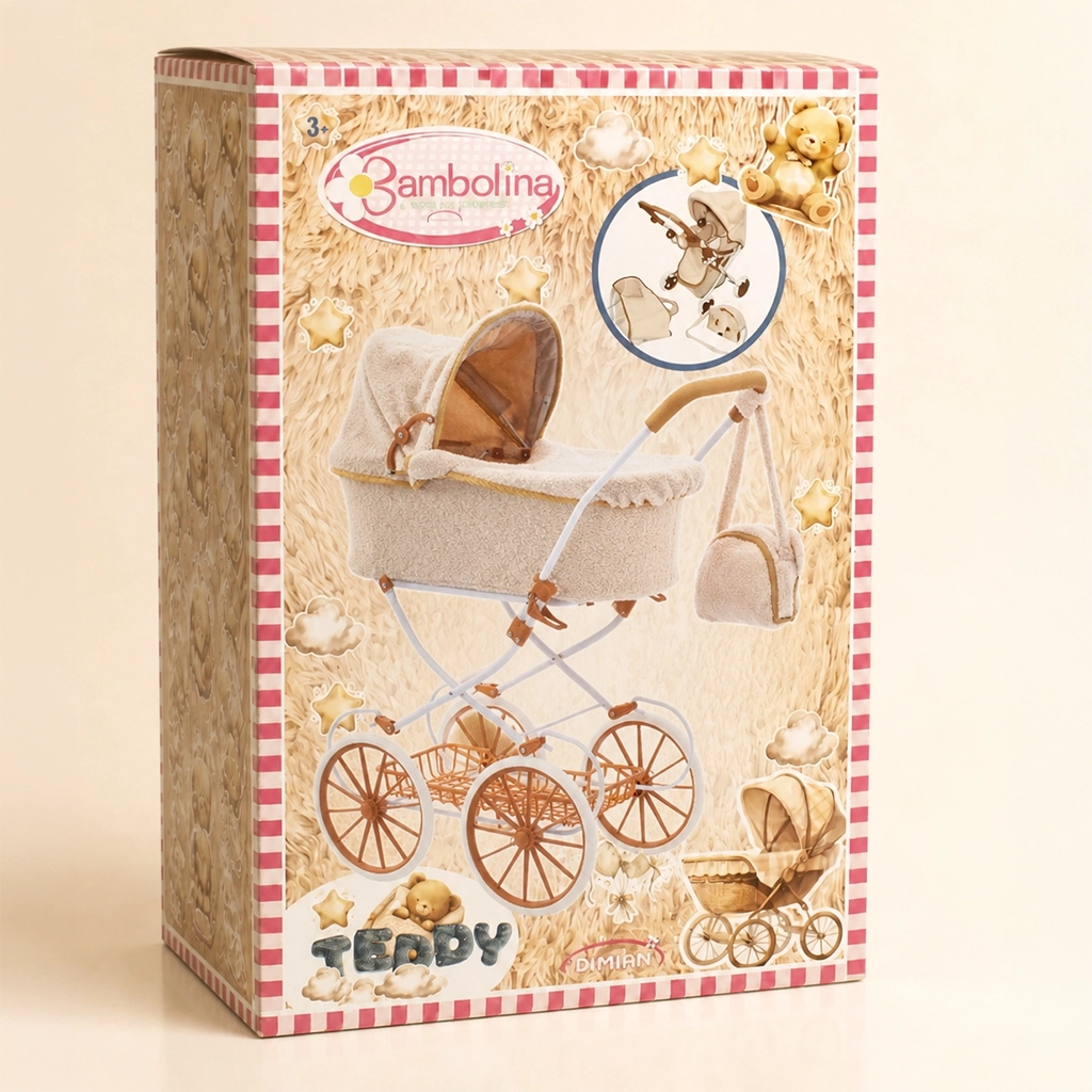 Bambolina Teddy toy stroller in beige with matching teddy bear bag for children aged 3 and up.