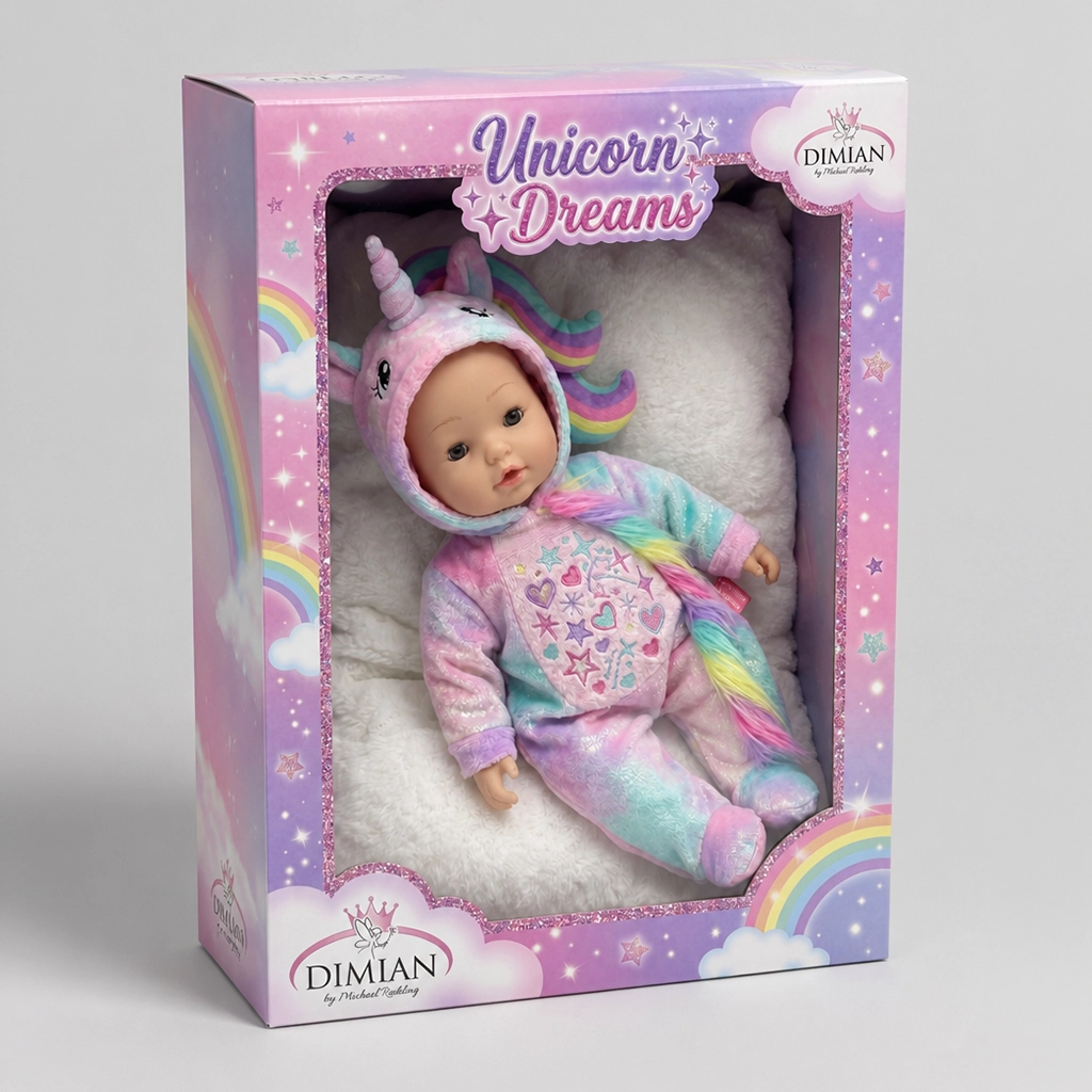 Baby doll dressed in pastel unicorn costume with a rainbow tail, inside a pink and purple Unicorn Dreams box.