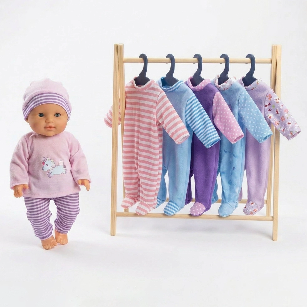 Baby doll wearing pink pajamas and hat standing next to a rack with five colorful baby jumpsuits.