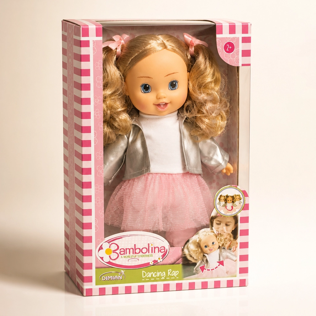 Blonde doll with blue eyes in silver jacket and pink skirt in pink striped box labeled Bambolina.
