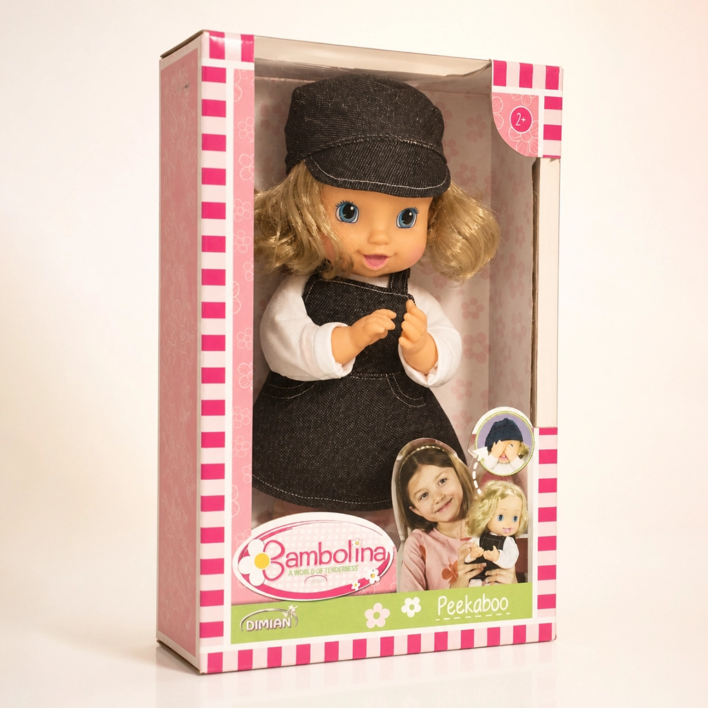 Bambolina Peekaboo doll with blond hair, blue eyes, black hat, and gray dress in pink-striped box.