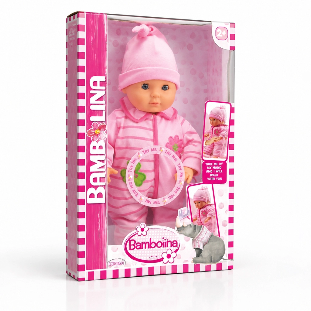 BamboLina doll in pink striped outfit and hat packaged for ages 2 and up.