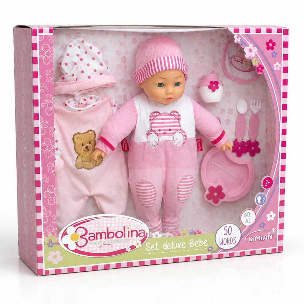 Bambolina baby doll set with pink outfit, hat, bib, bottle, spoon, fork, and plate in box.