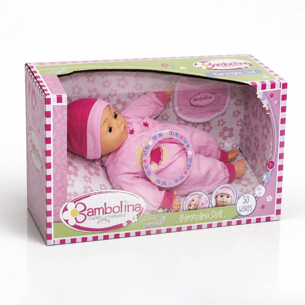 Bambolina baby doll in pink outfit and hat inside a pink and white floral patterned box.